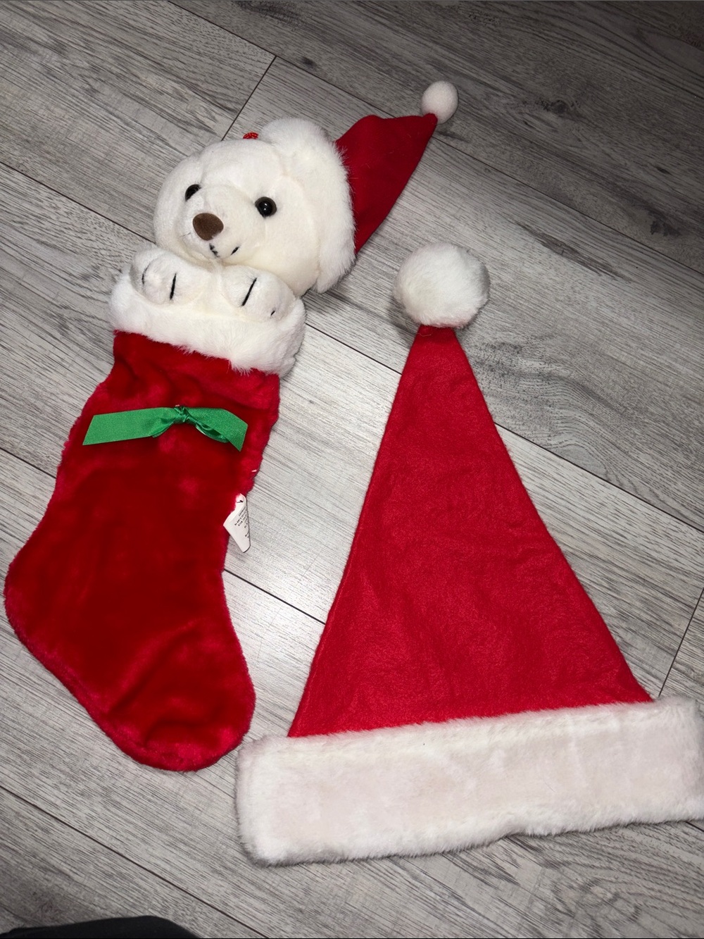 Plush Teddy Christmas Stocking and Santa Hat Set - Red & White (vintage?)HOLIDAY